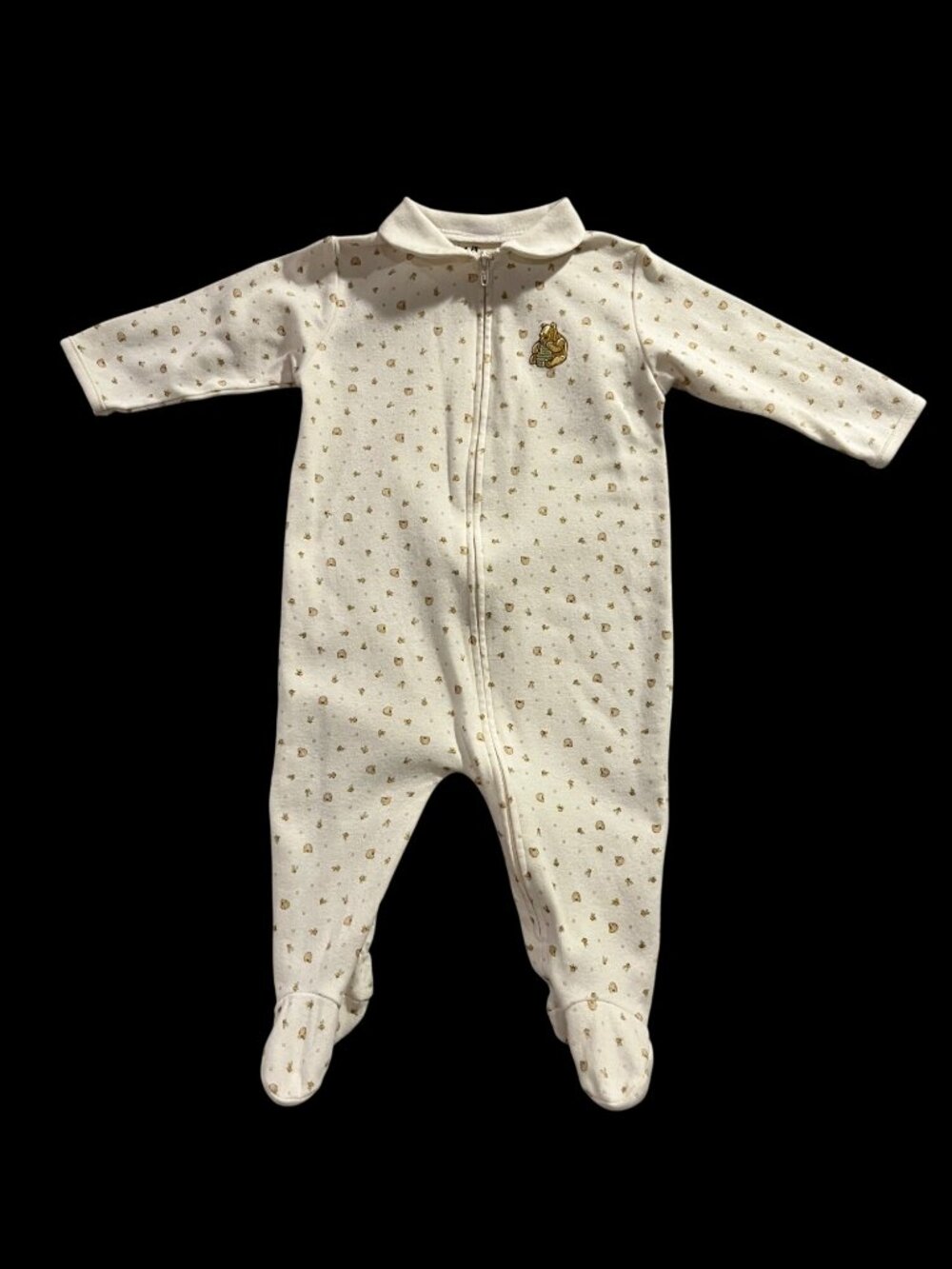 Vintage Classic Pooh Embroidered Baby Footed Sleeper 6-9 Month Beige Bee Print